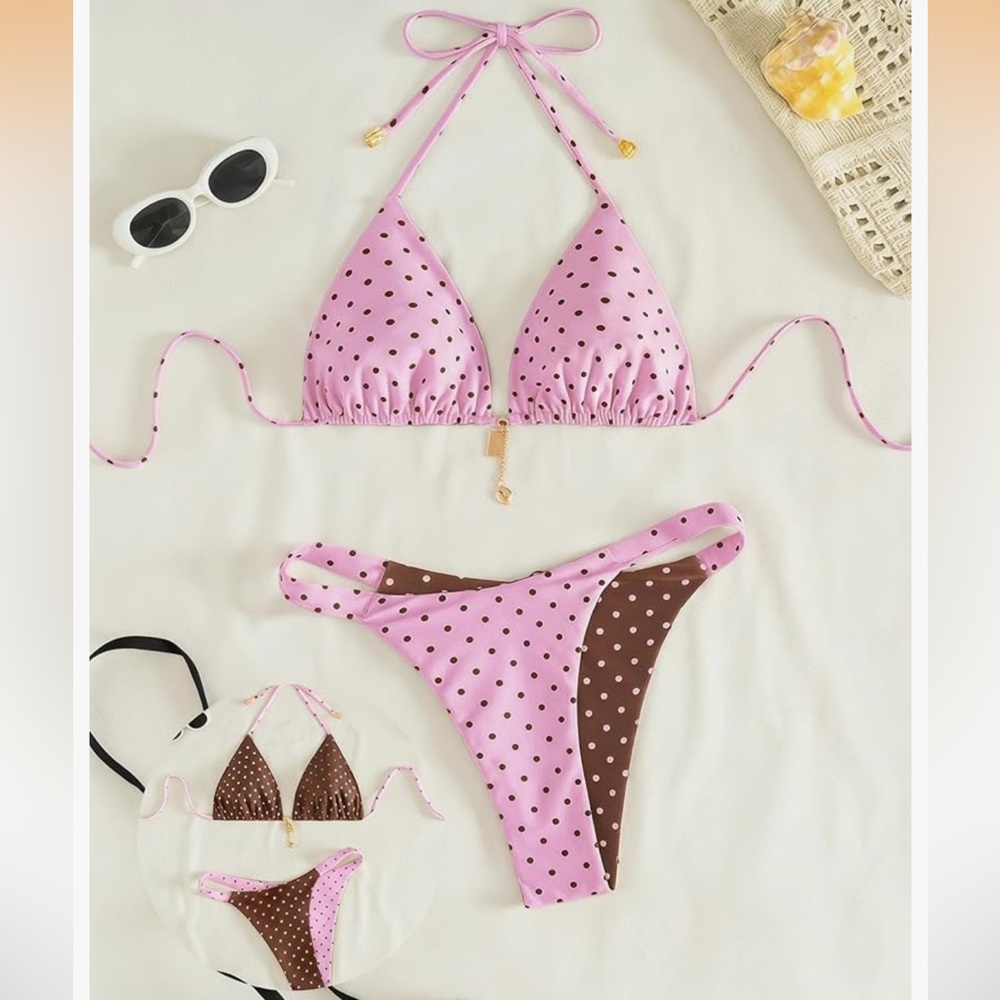 NWT Pink & Brown Polka Dot Reversible Bikini Set